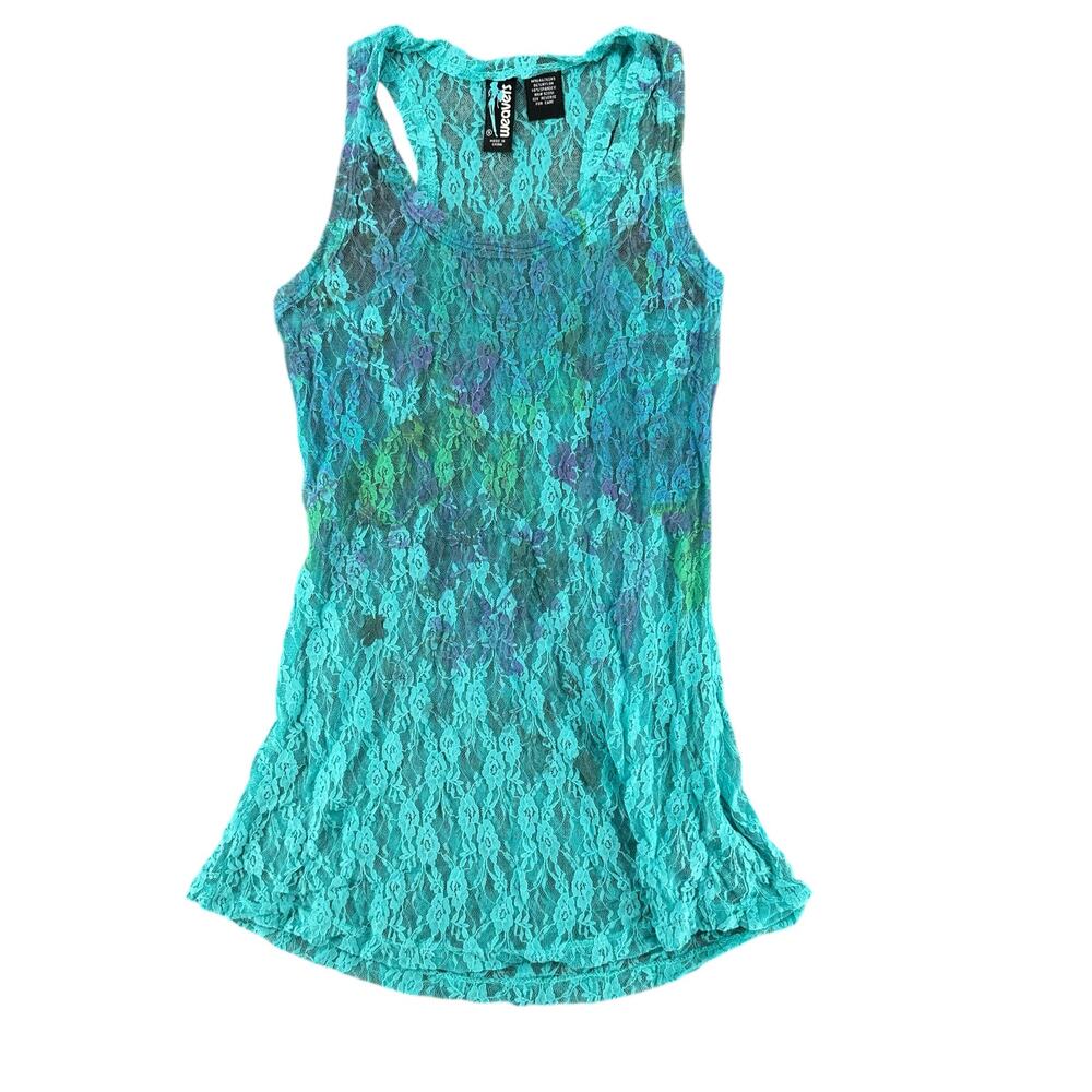 Weavers Blue Teal Lace Sheer Racerback Tank Top Size Small Mermaid Floral